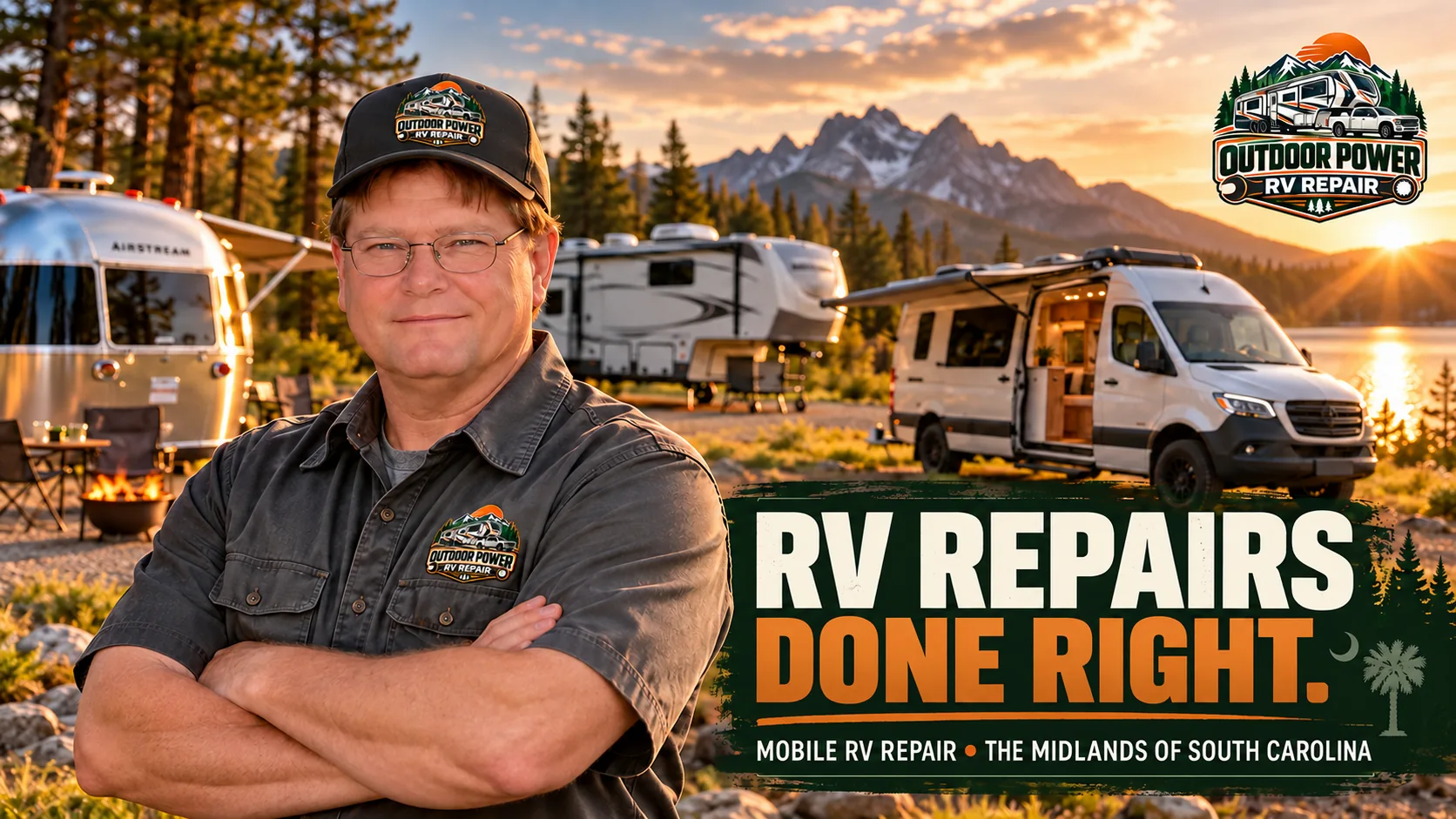 Todd Brown, owner of Outdoor Power RV Repair, standing in front of RVs with the message RV Repairs Done Right